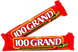 Red-wrapped 100 Grand candy bar with gold and white lettering