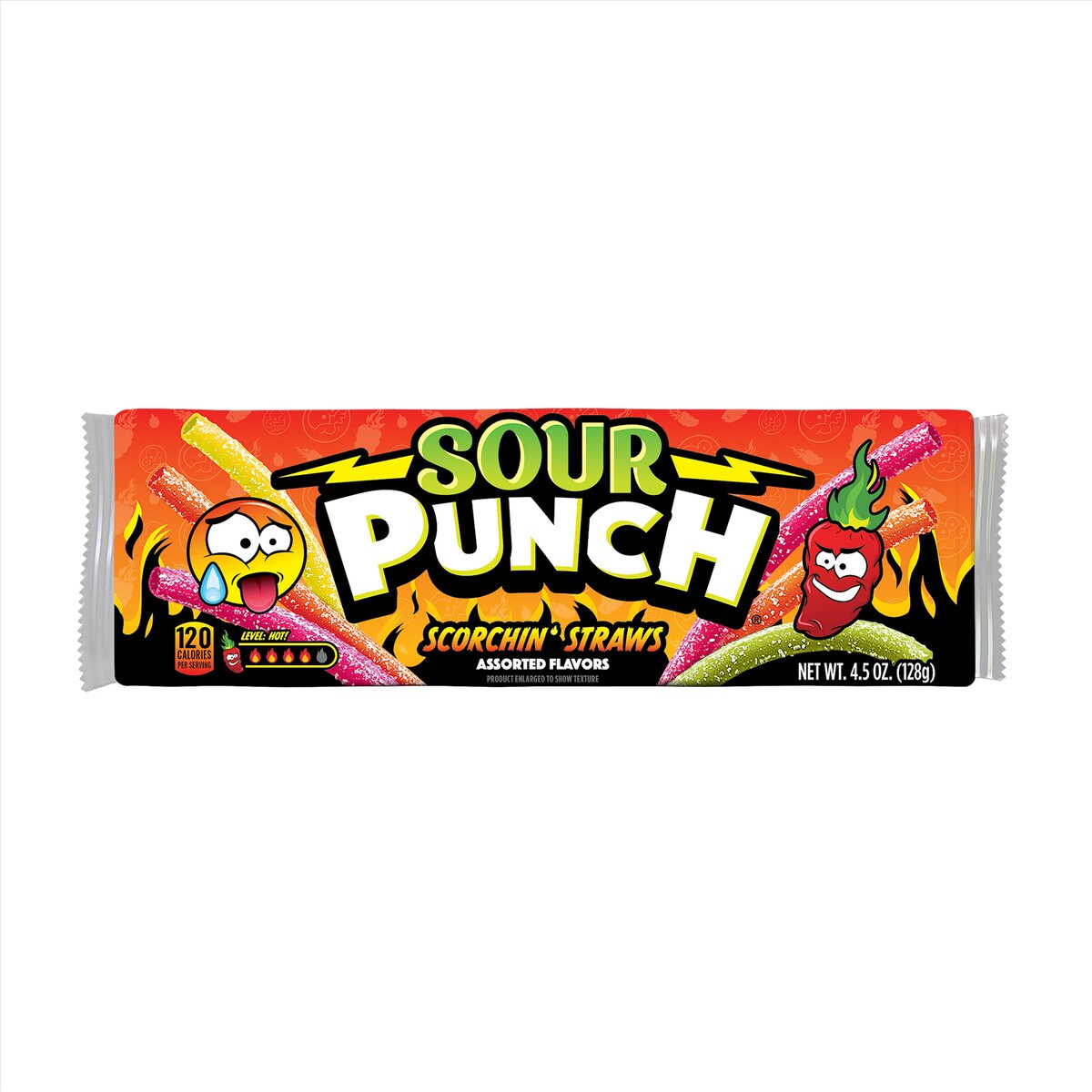 Vibrant Sour Punch Scorchin’ Candy Straws package with orange-black design, cartoon characters, and colorful gummy straws