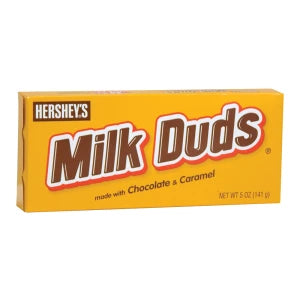 Hersheys Milk Duds theater box with yellow rectangular packaging and red white lettering