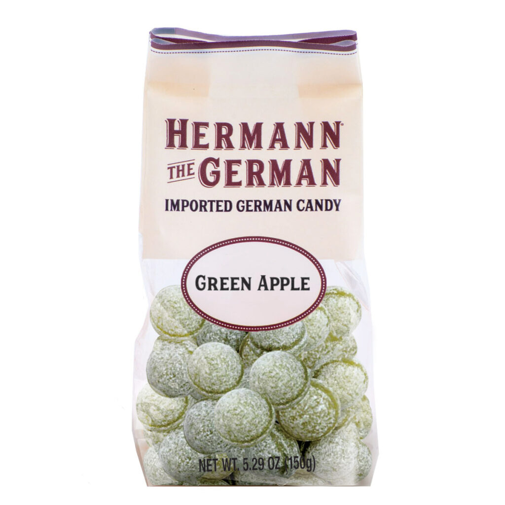 Hermann the German imported green apple candy bag with sugar-dusted round translucent candies