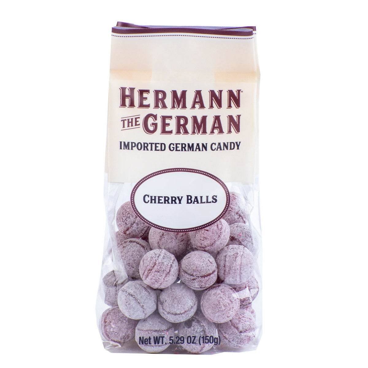 Hermann the German imported cherry balls candy in clear packaging