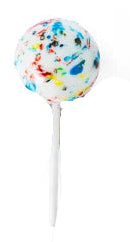 Colorful speckled jawbreaker lollipop on white stick, 2 1/4 inch