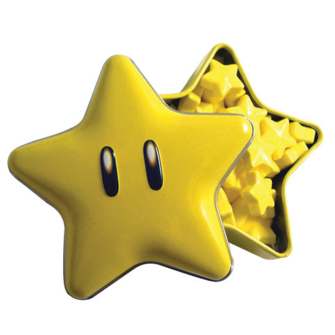 Shiny yellow star-shaped Mario Bros Super Sour Stars tin with black eyes and candy