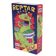 Rugrats Reptar Cereal Tin with Candy - Vibrant Blue Red Box with Cartoon Green Dinosaur