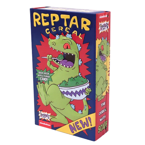 Rugrats Reptar Cereal Tin with Candy - Vibrant Blue Red Box with Cartoon Green Dinosaur