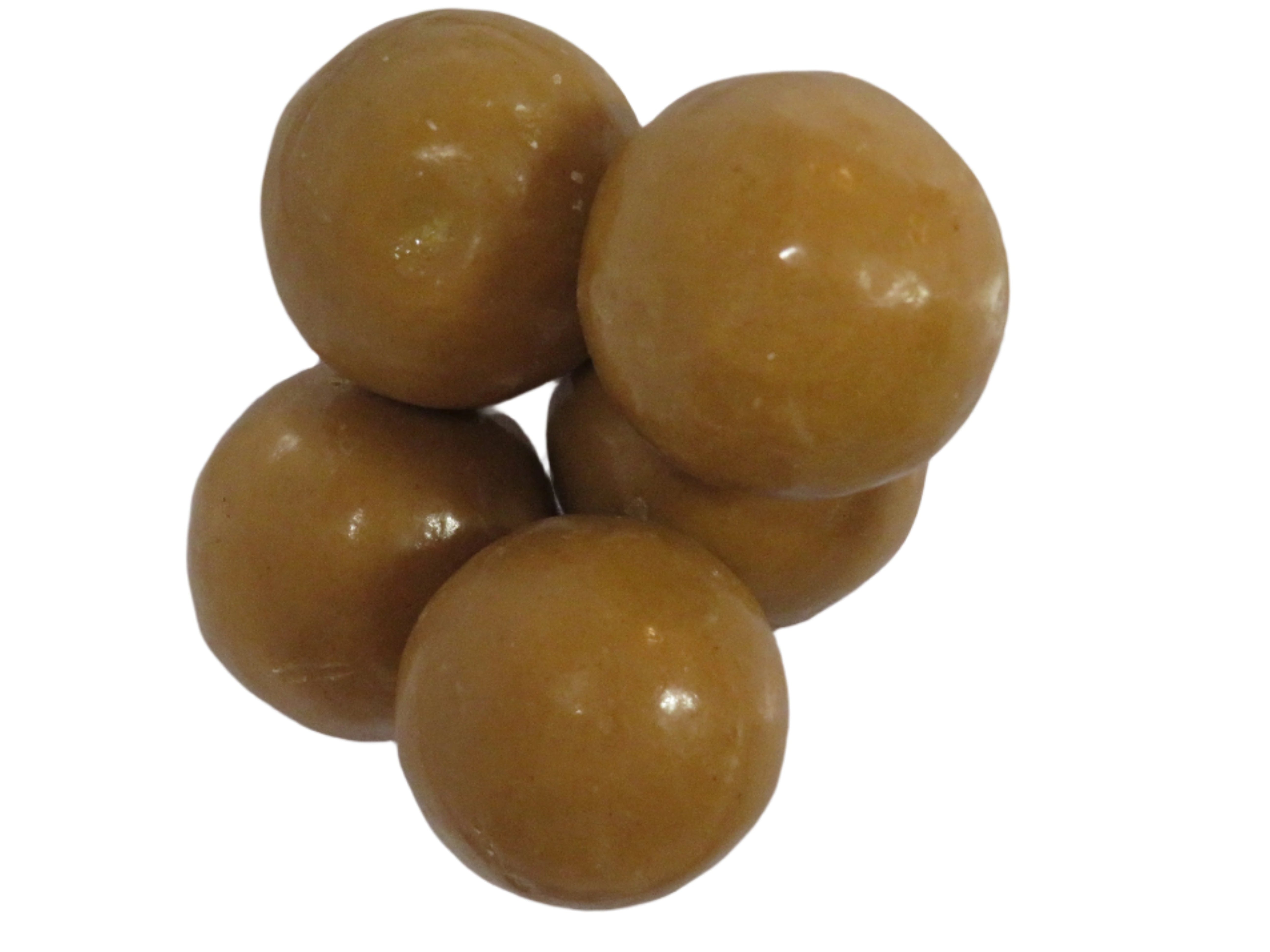 Glossy golden-brown peanut butter malt balls with caramel coating
