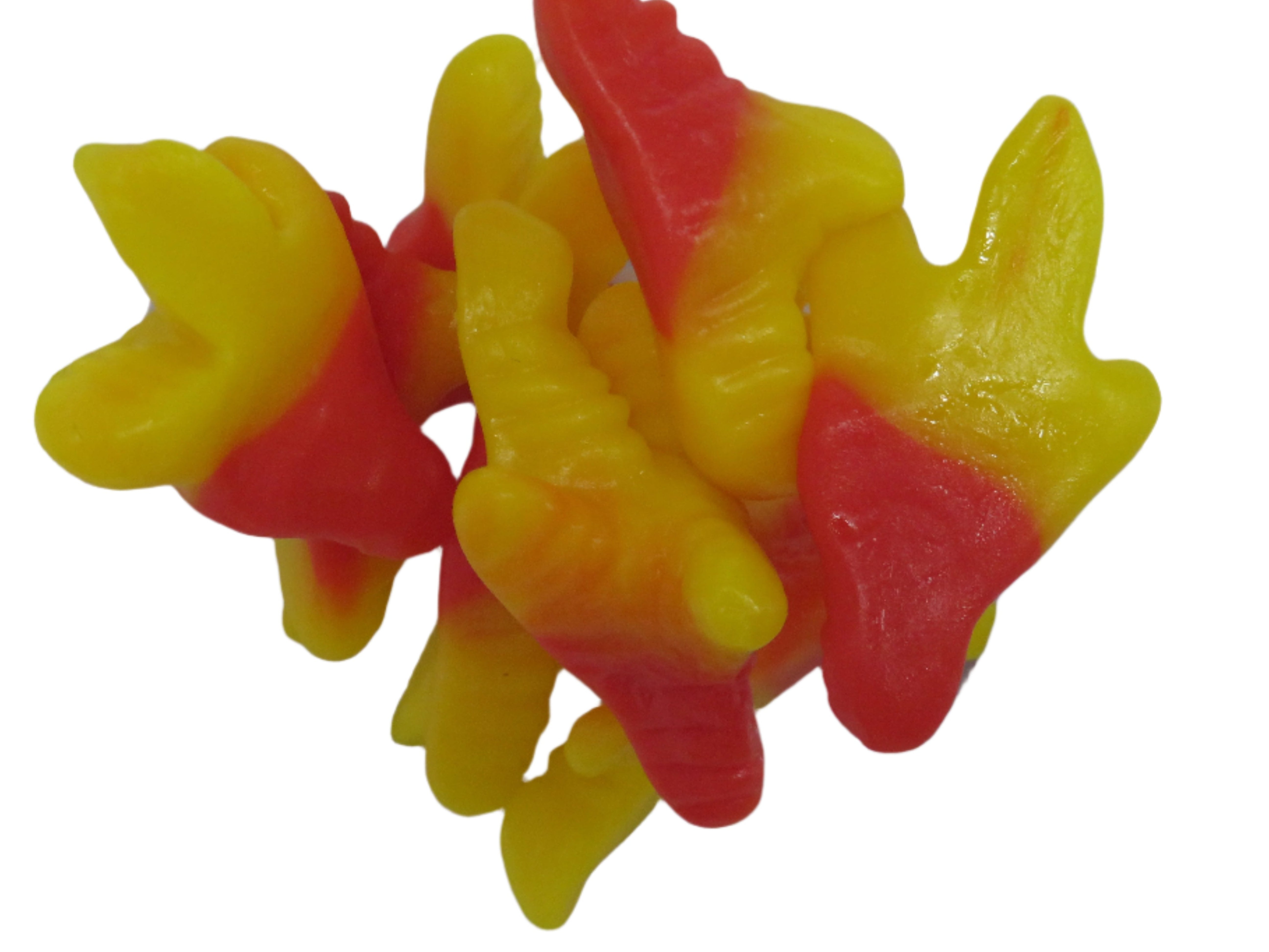 Vibrant red and yellow fish-shaped gummy candies from Chicken Feet Gummies