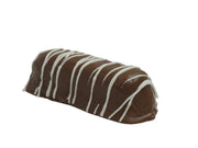 Twinkie chocolate-covered candy bar with dark brown coating and white drizzle stripes