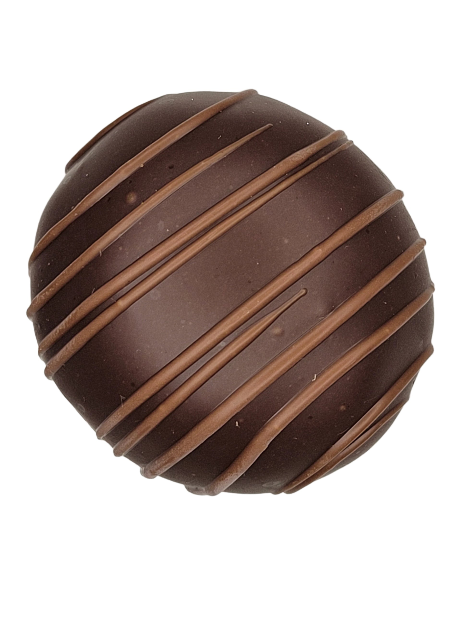 Bittersweet Cream Truffle: 1.5oz dark chocolate with light brown drizzles