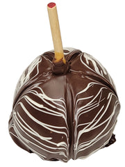 Glossy dark chocolate-covered apple with white zebra stripe drizzle and stick