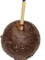 Glossy dark chocolate-covered apple candy with sea salt, Apple Salted Caramel