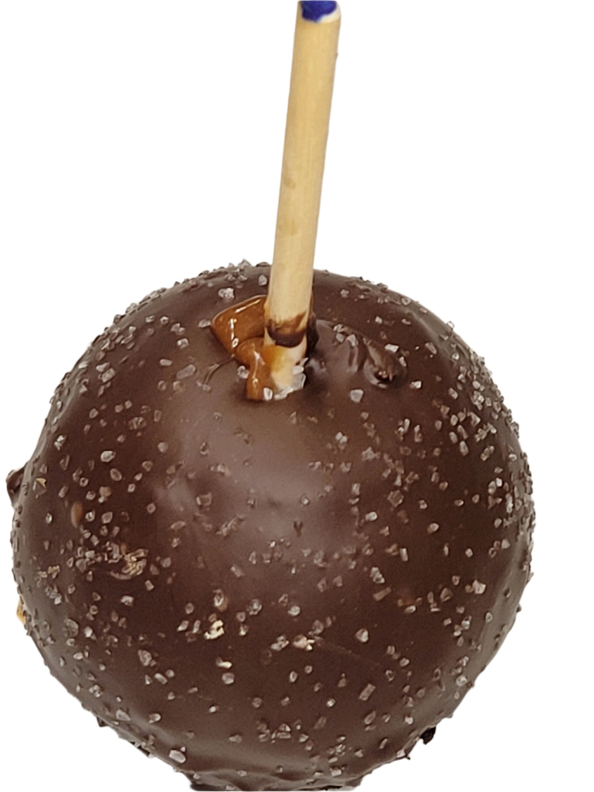 Glossy dark chocolate-covered apple candy with sea salt, Apple Salted Caramel
