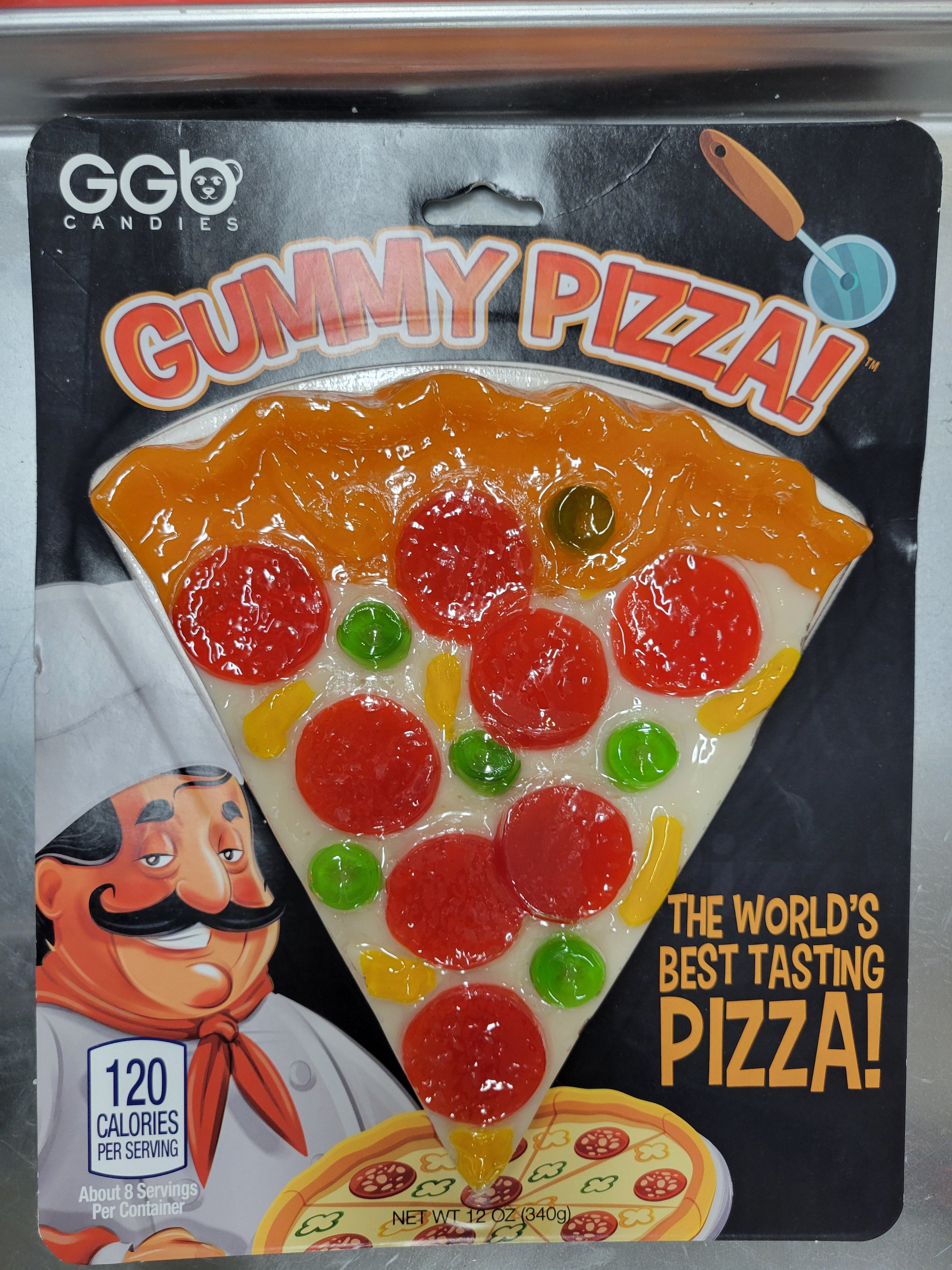 Giant Gummy Pizza Slice with red pepperoni, green peppers, yellow cheese