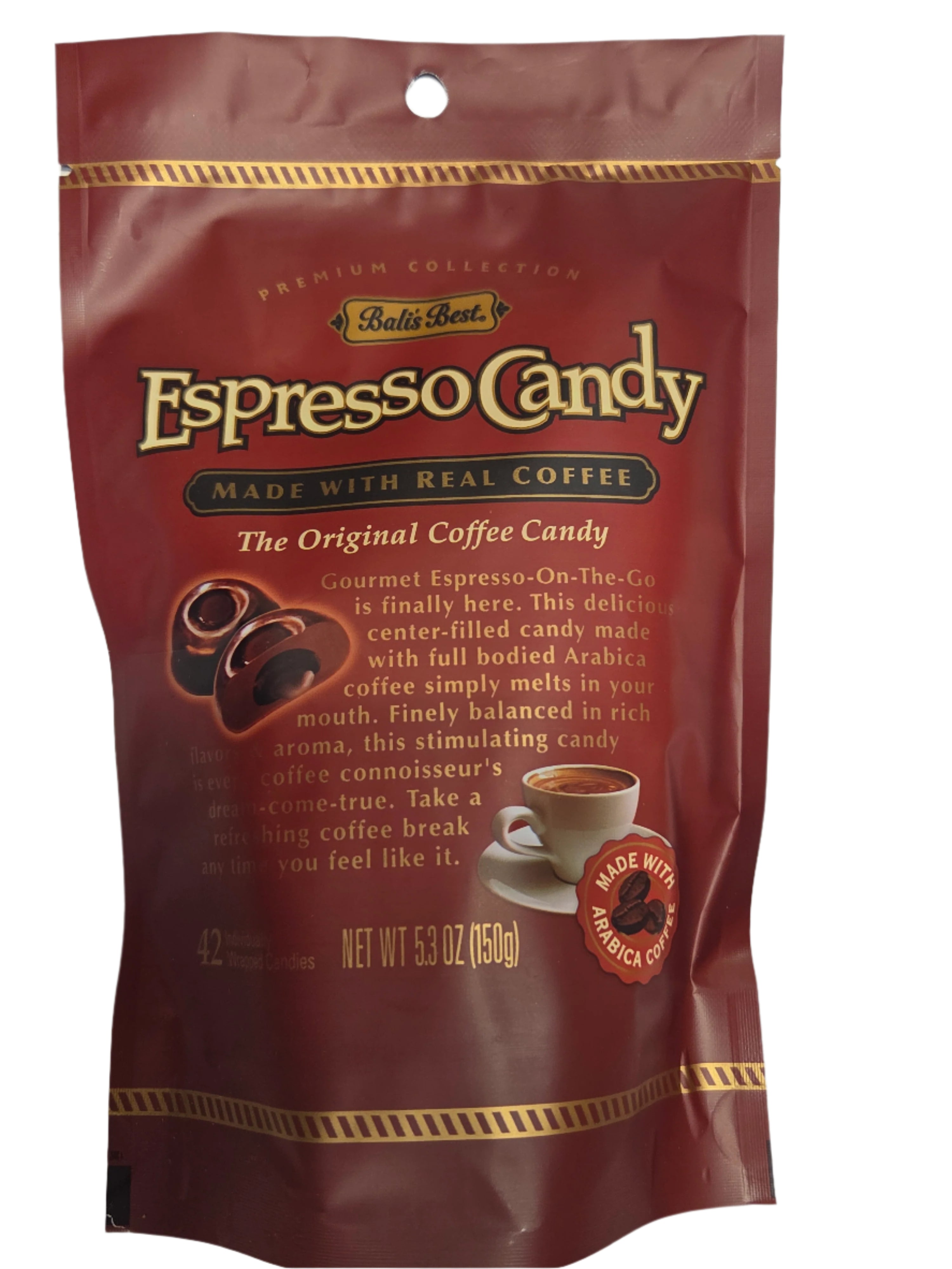 Bali’s Espresso Candy Peg Bag: maroon pouch with gold trim and coffee candies