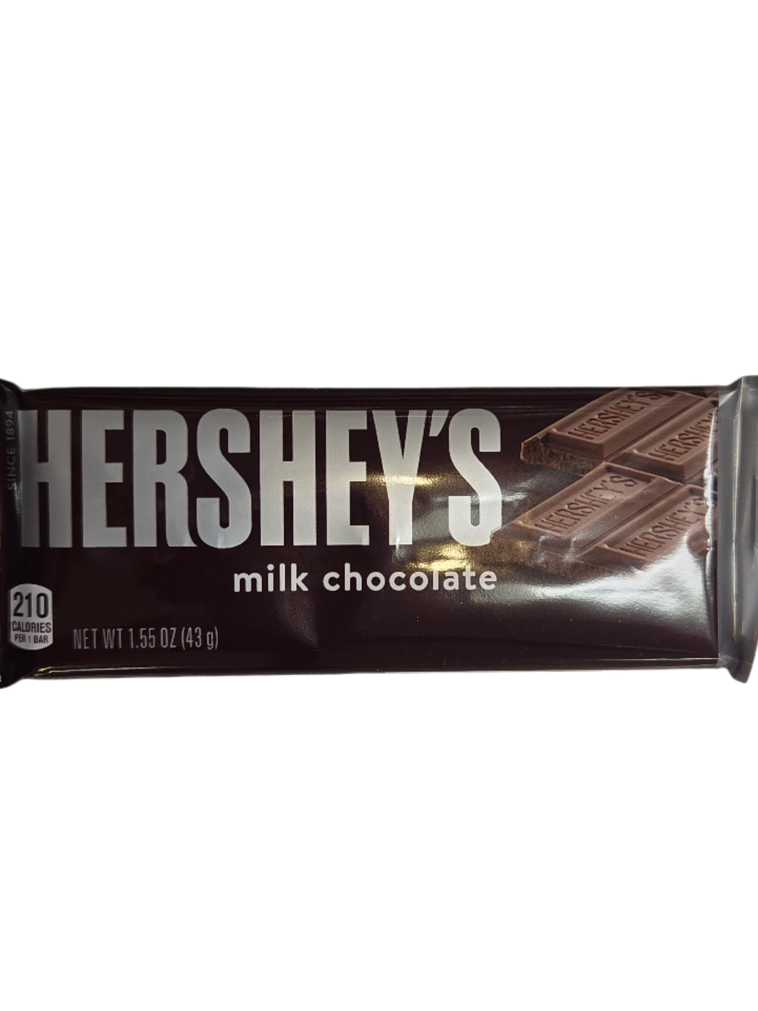 Hershey’s milk chocolate bar in dark brown and silver foil wrapper