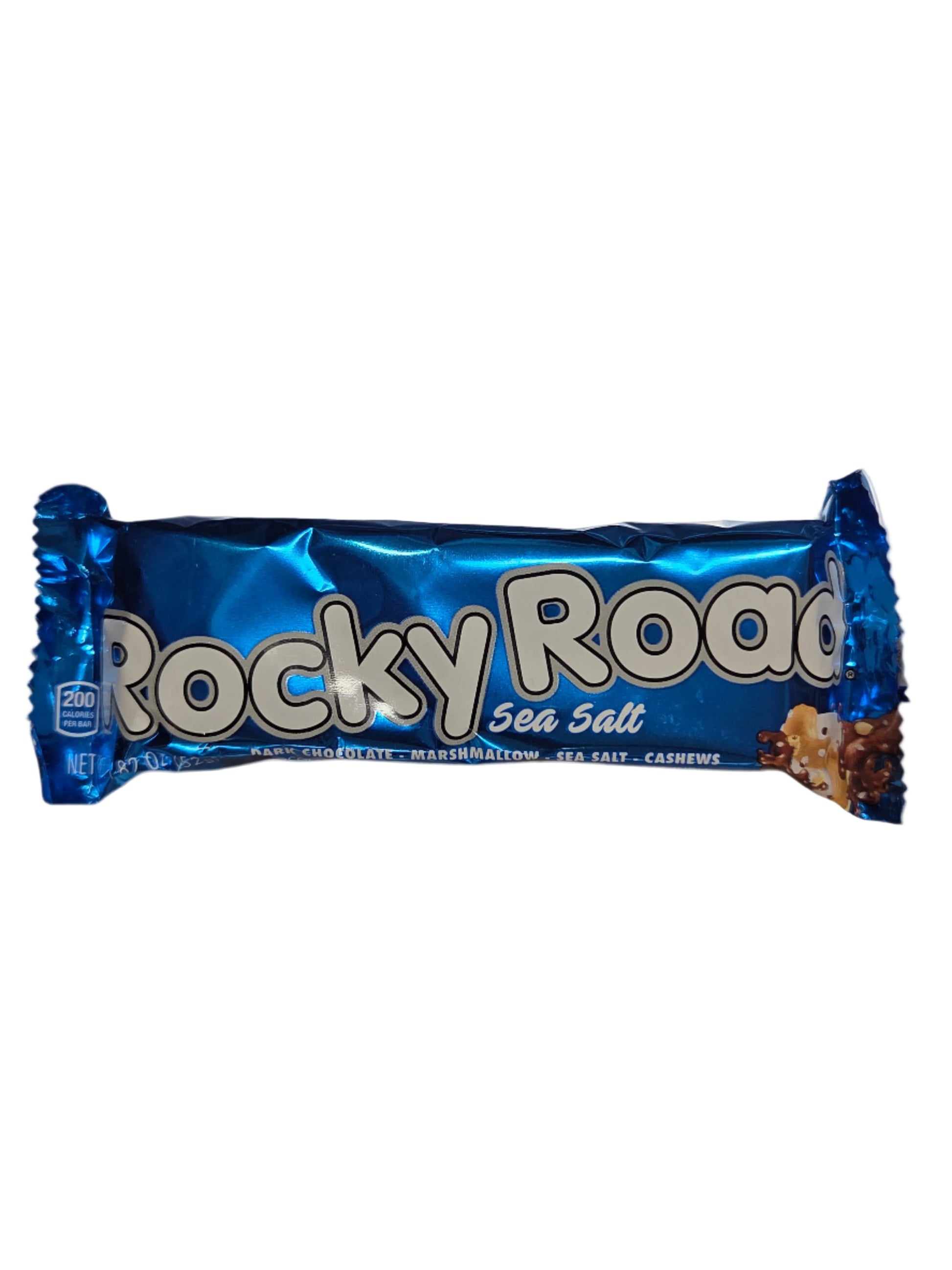 Blue metallic wrapper of Rocky Road Dark Sea Salt Candy Bar