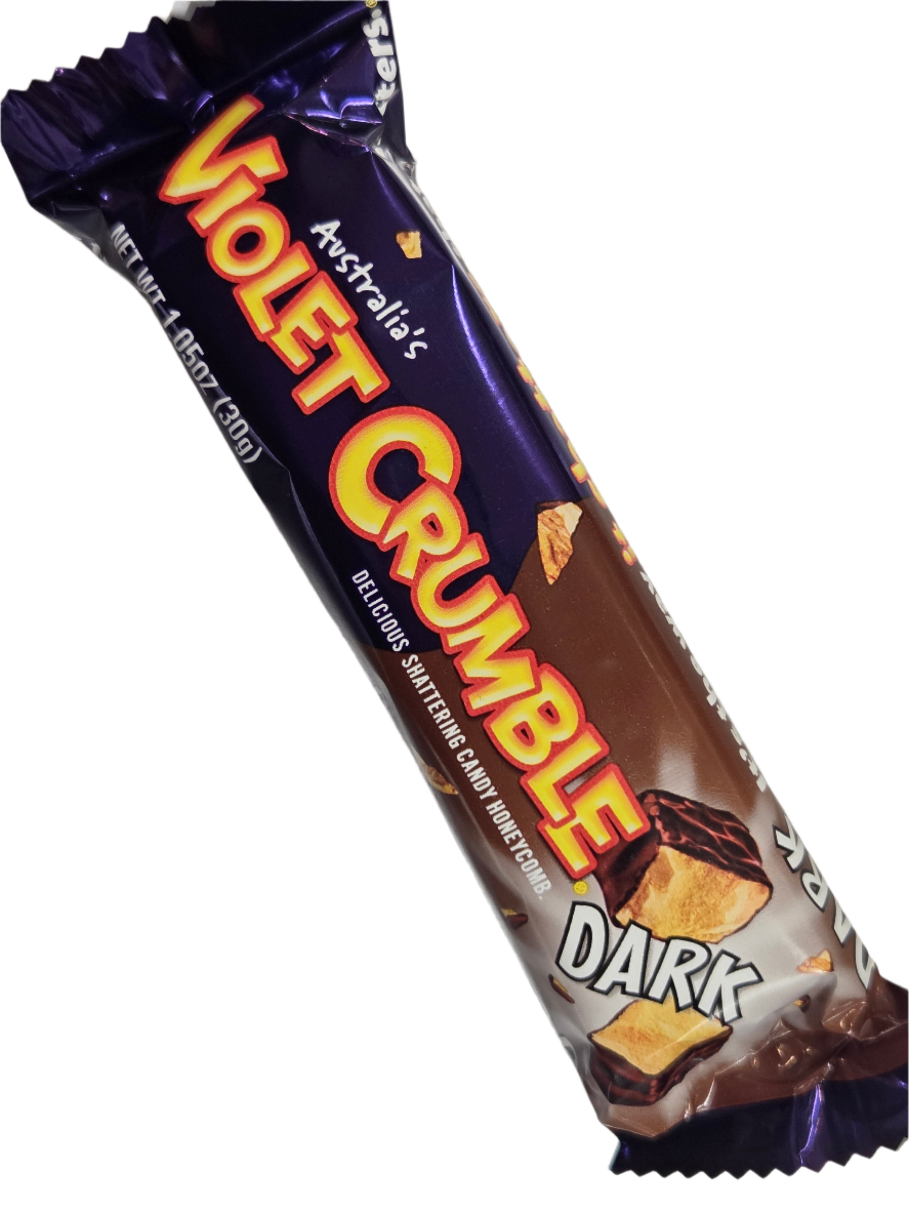Violet Crumble Dark Chocolate bar in purple-brown foil with honeycomb interior