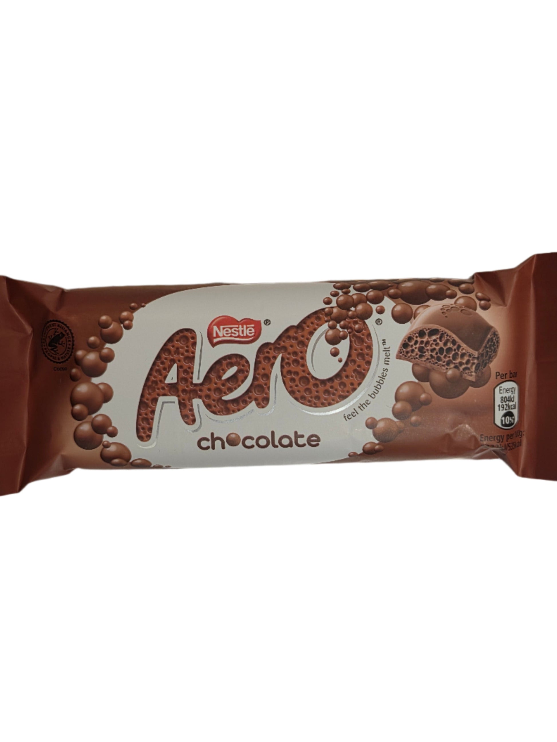 Aero Milk Chocolate Bubbly Bar with brown and white textured packaging