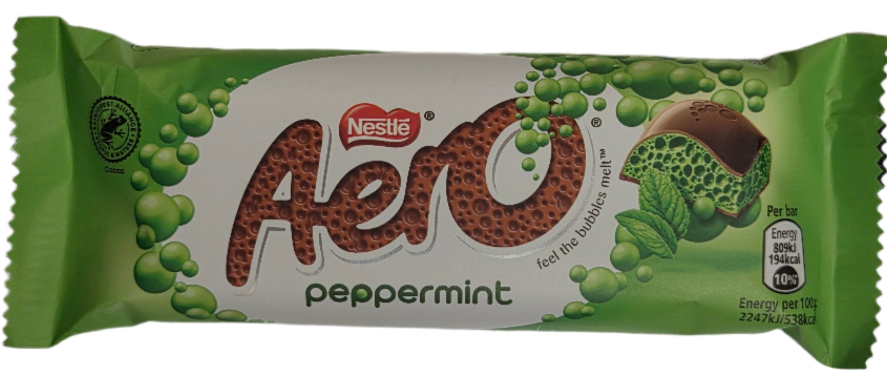 Green and white Nestle Aero Bubbly Peppermint Bar with bubble texture