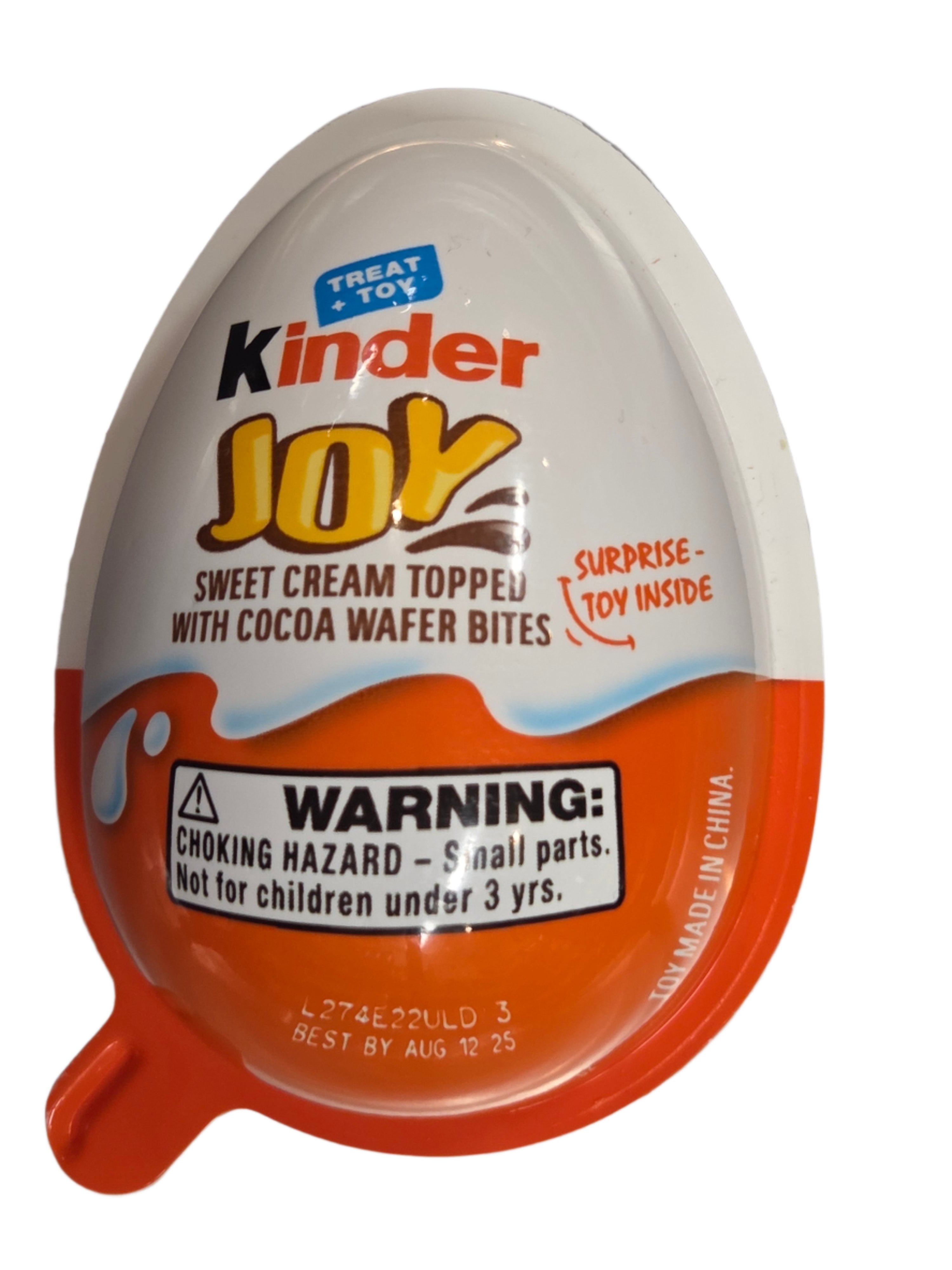 Kinder Joy Egg toy surprise with glossy white orange wrapper and bold red brand name