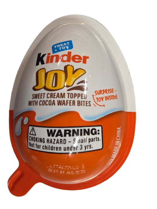Kinder Joy Egg toy surprise with glossy white orange wrapper and bold red brand name