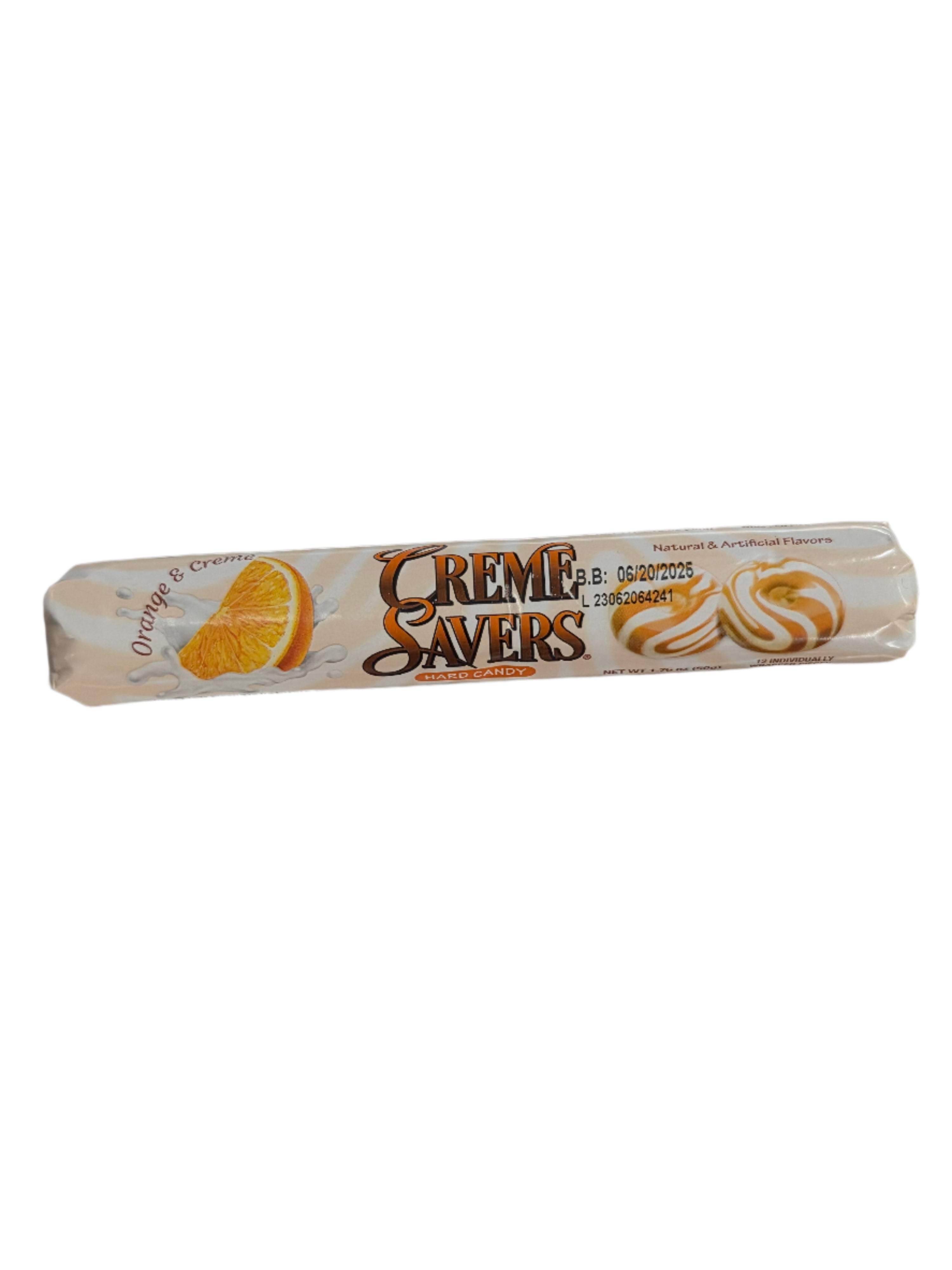 Cream Savers Orange & Cream Roll candies in glossy white wrapper