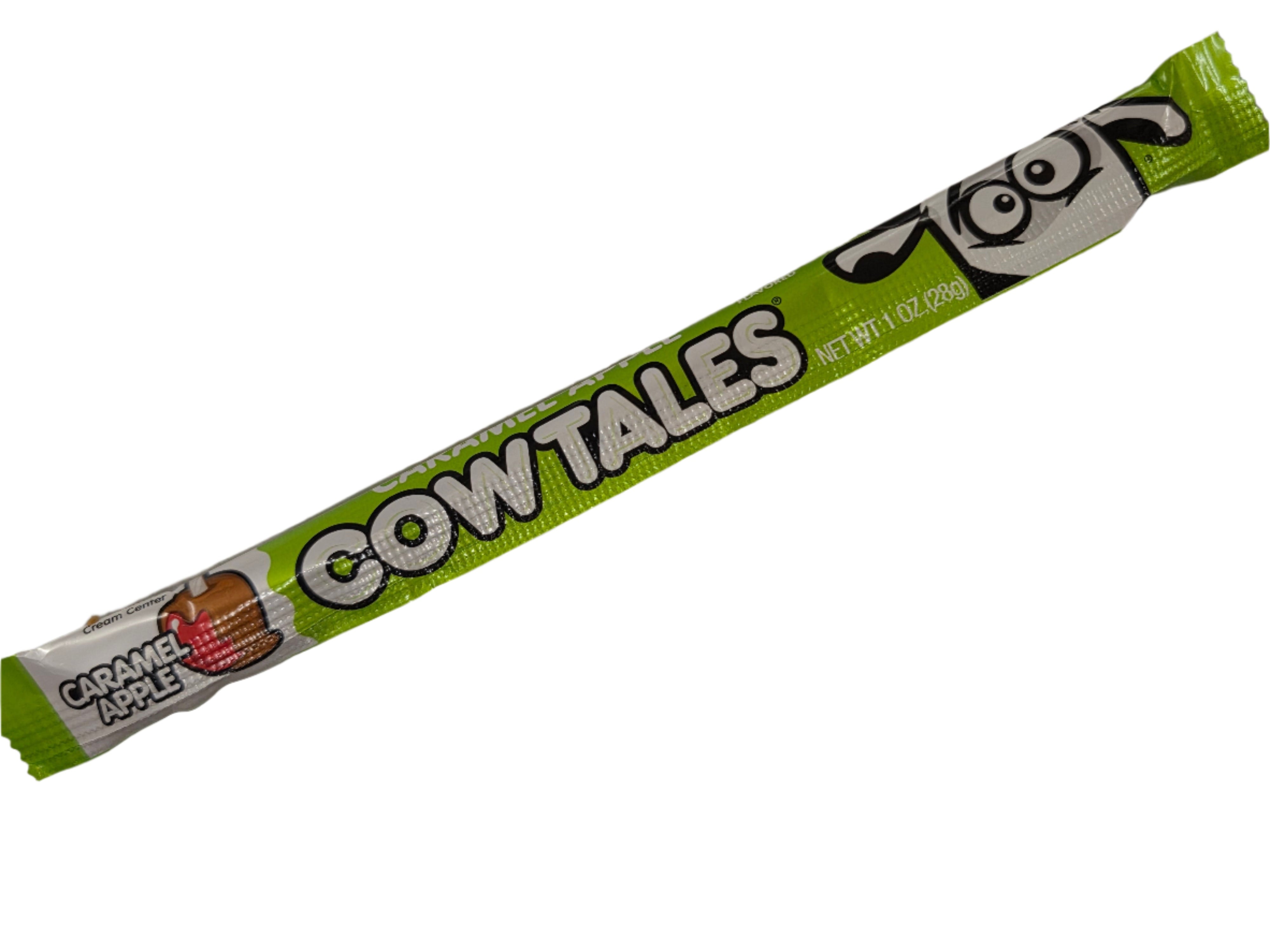 Cow Tales caramel apple bar with green white wrapped candy stick and cartoon design