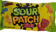 Vibrant yellow and green Sour Patch Kids candy bag with colorful gummies