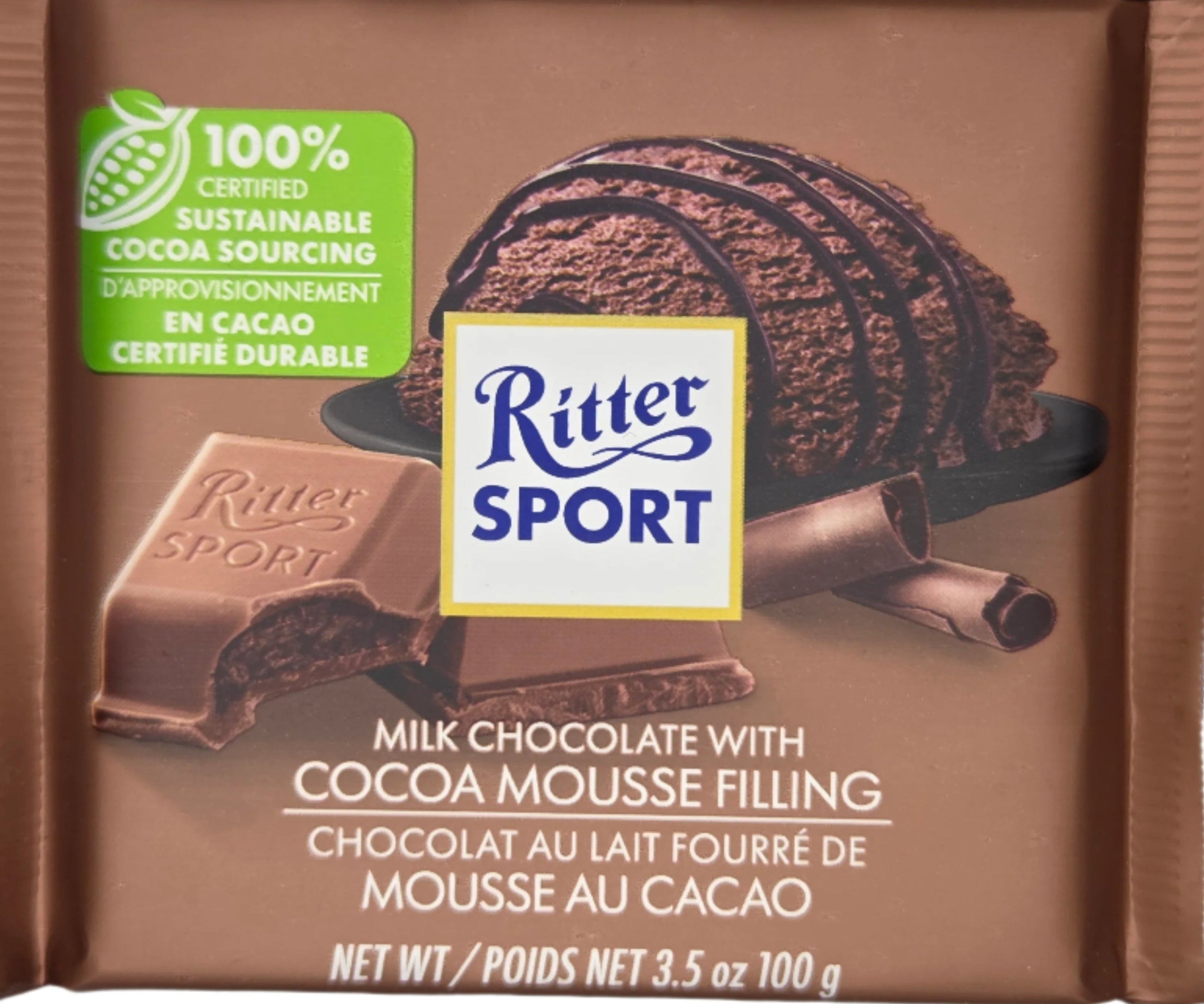 Ritter Sport Cocoa Mousse Bar with milk chocolate and green seal