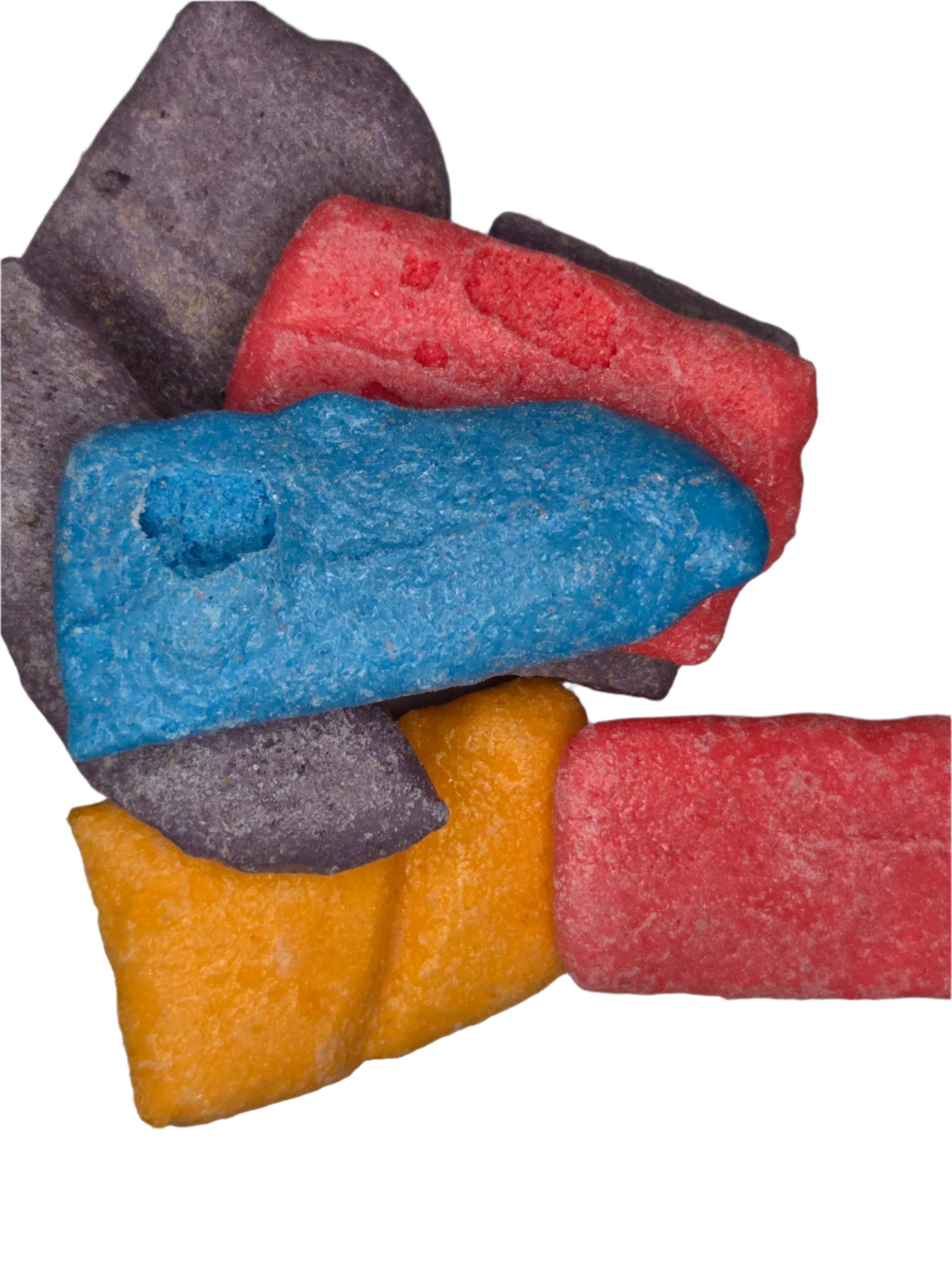 Colorful Crazy Bites AirHeads Candy bath bombs in blue, red, orange, gray