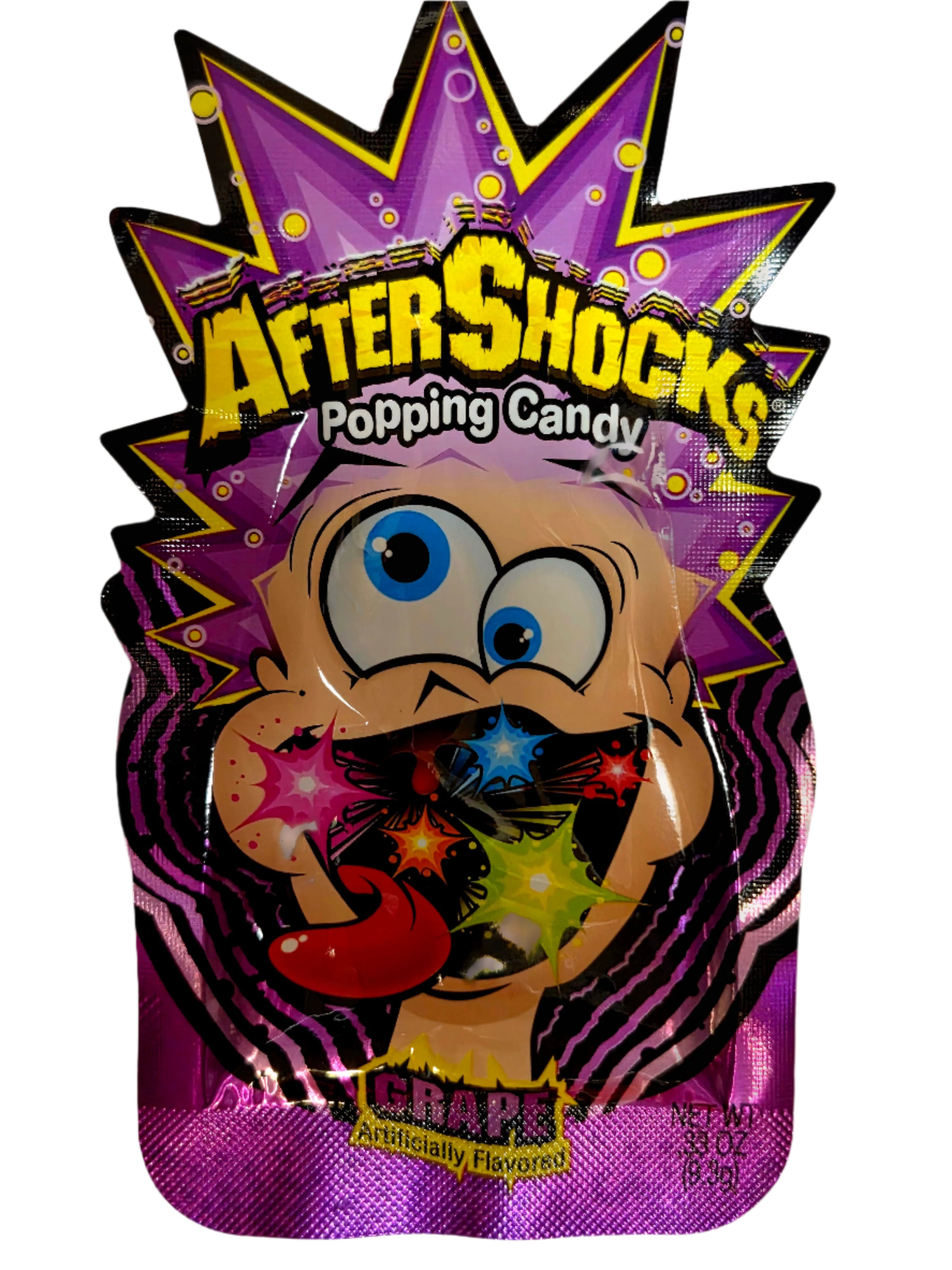Aftershocks Popping Grape Minis in vibrant purple-black foil and starburst package