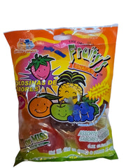 Din Don Fruity Candy Peg Bag with colorful gummy fruits in reds, oranges, greens, blues