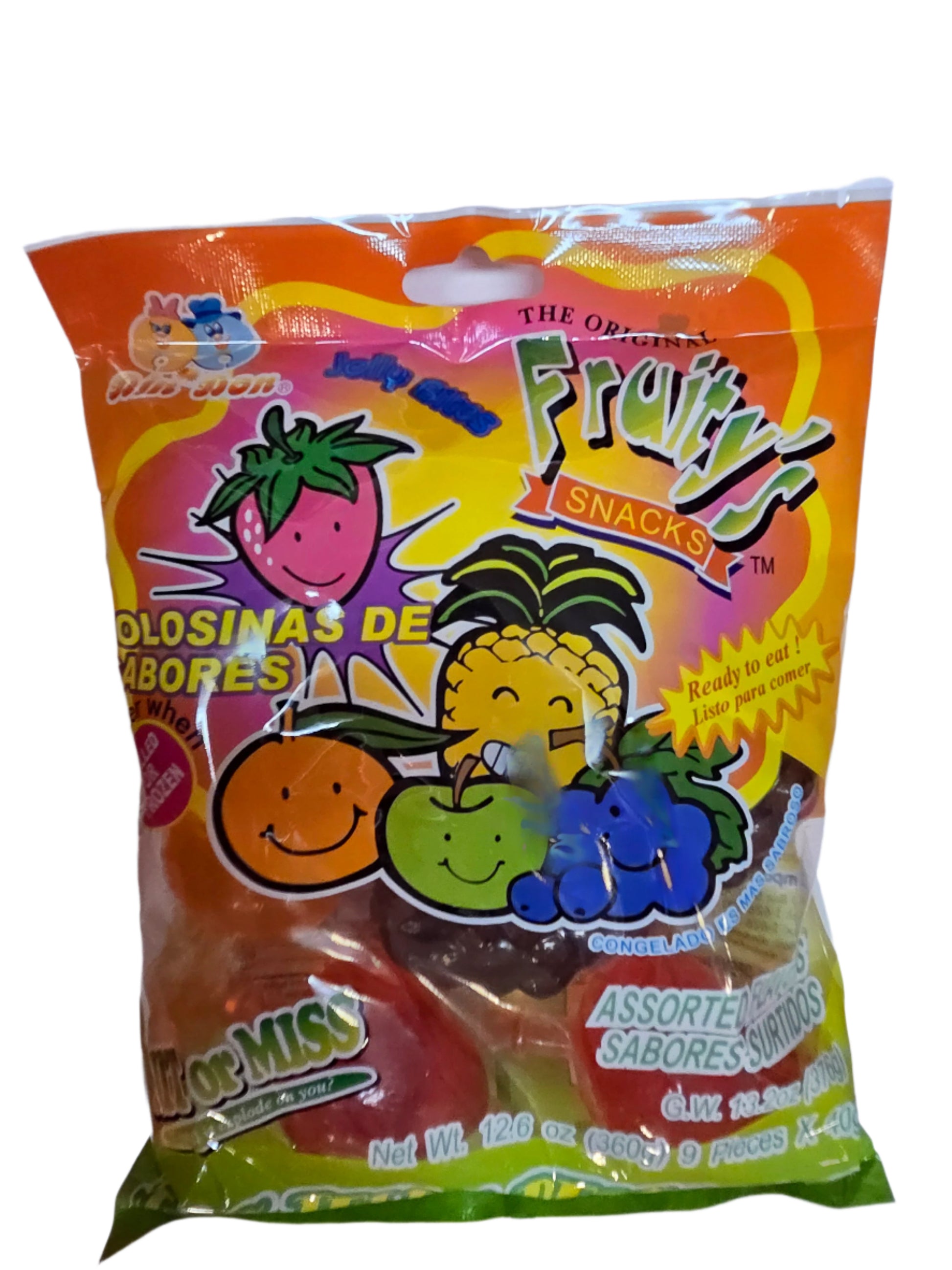 Din Don Fruity Candy Peg Bag with colorful gummy fruits in reds, oranges, greens, blues