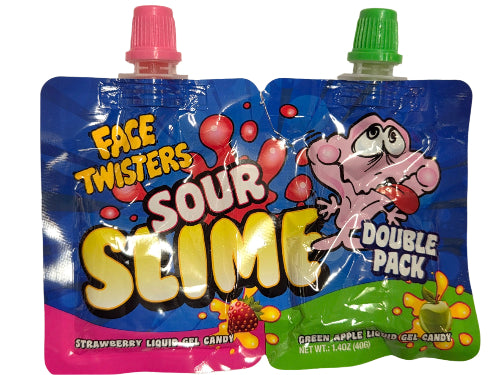 Face Twisters Sour Slime Candy: blue pink pouch with green cap, cartoon characters