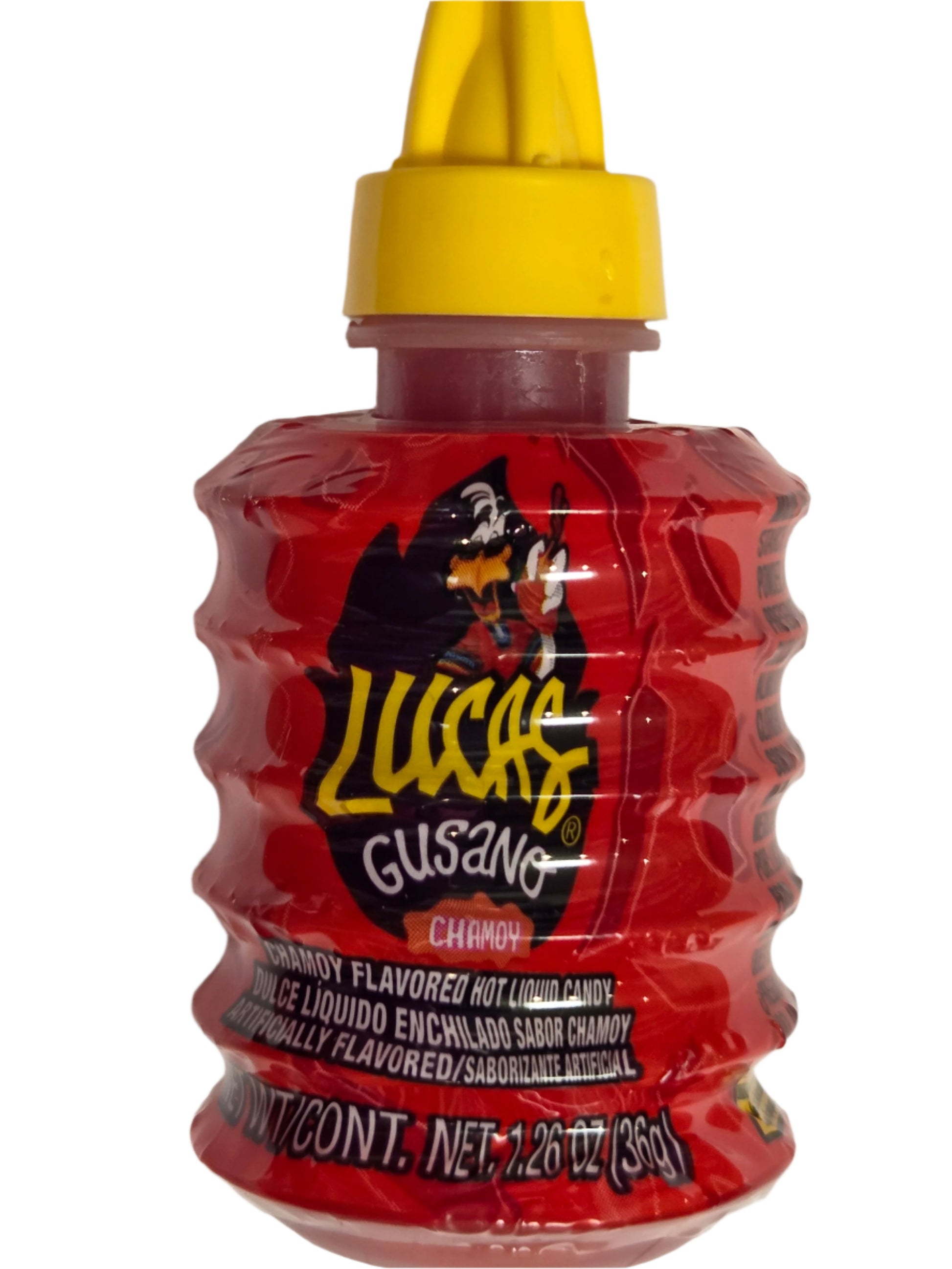 Red Lucas Gusano Chamoy Candy in plastic bottle with yellow cap
