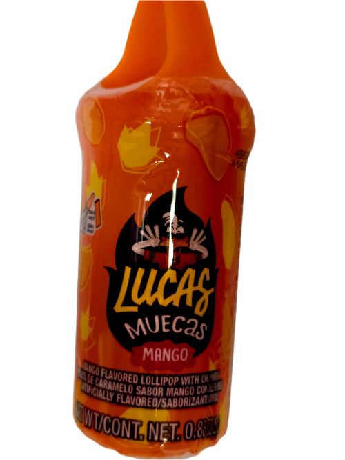 Lucas Muecas mango flavored lollipop in orange plastic bottle with caramel