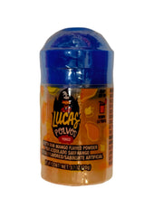 Vibrant orange Lucas Polvos Mango Candy container with blue lid and mango illustrations