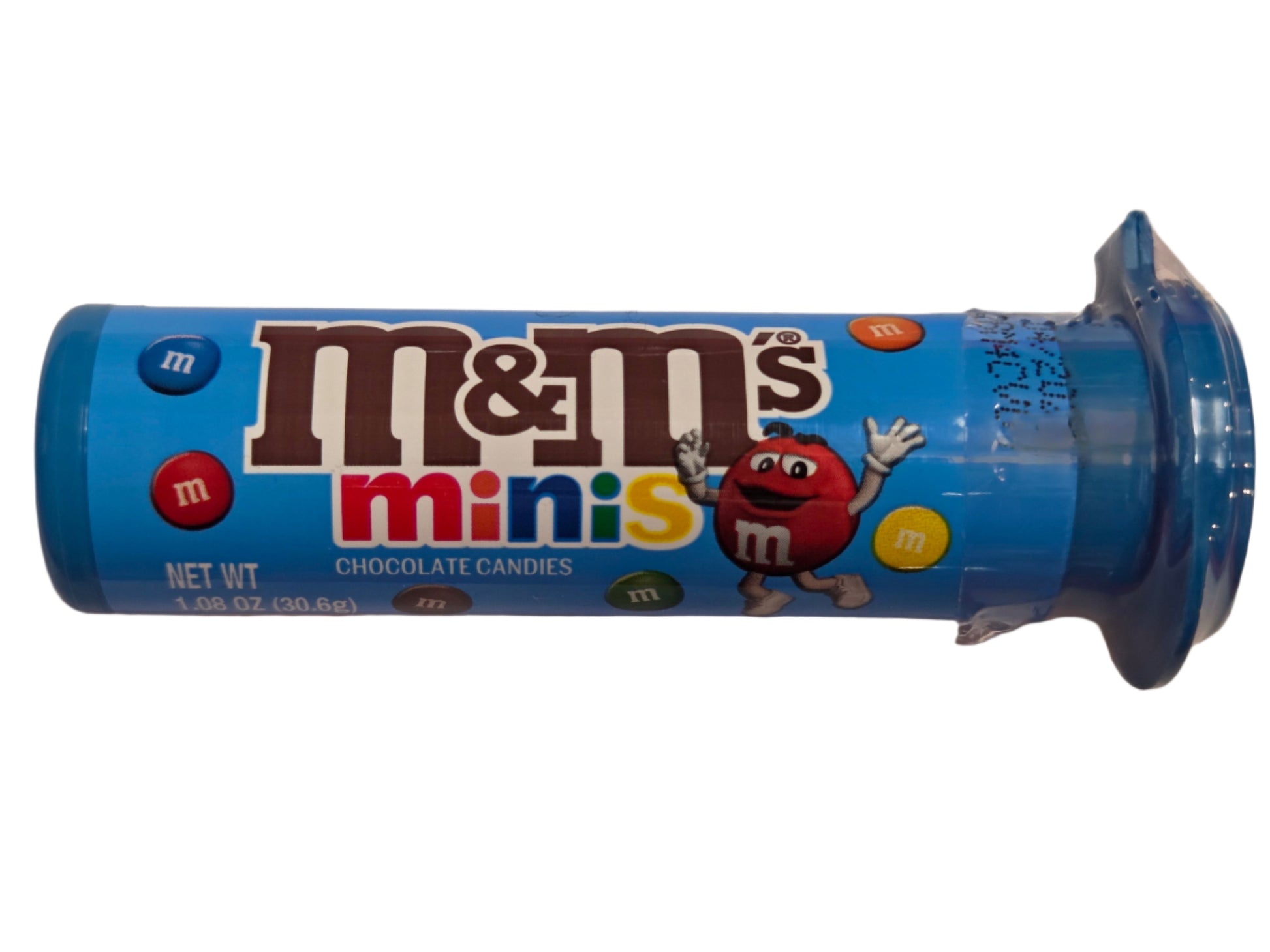 M&Ms Minis Tube: blue cylindrical container with red cartoon character
