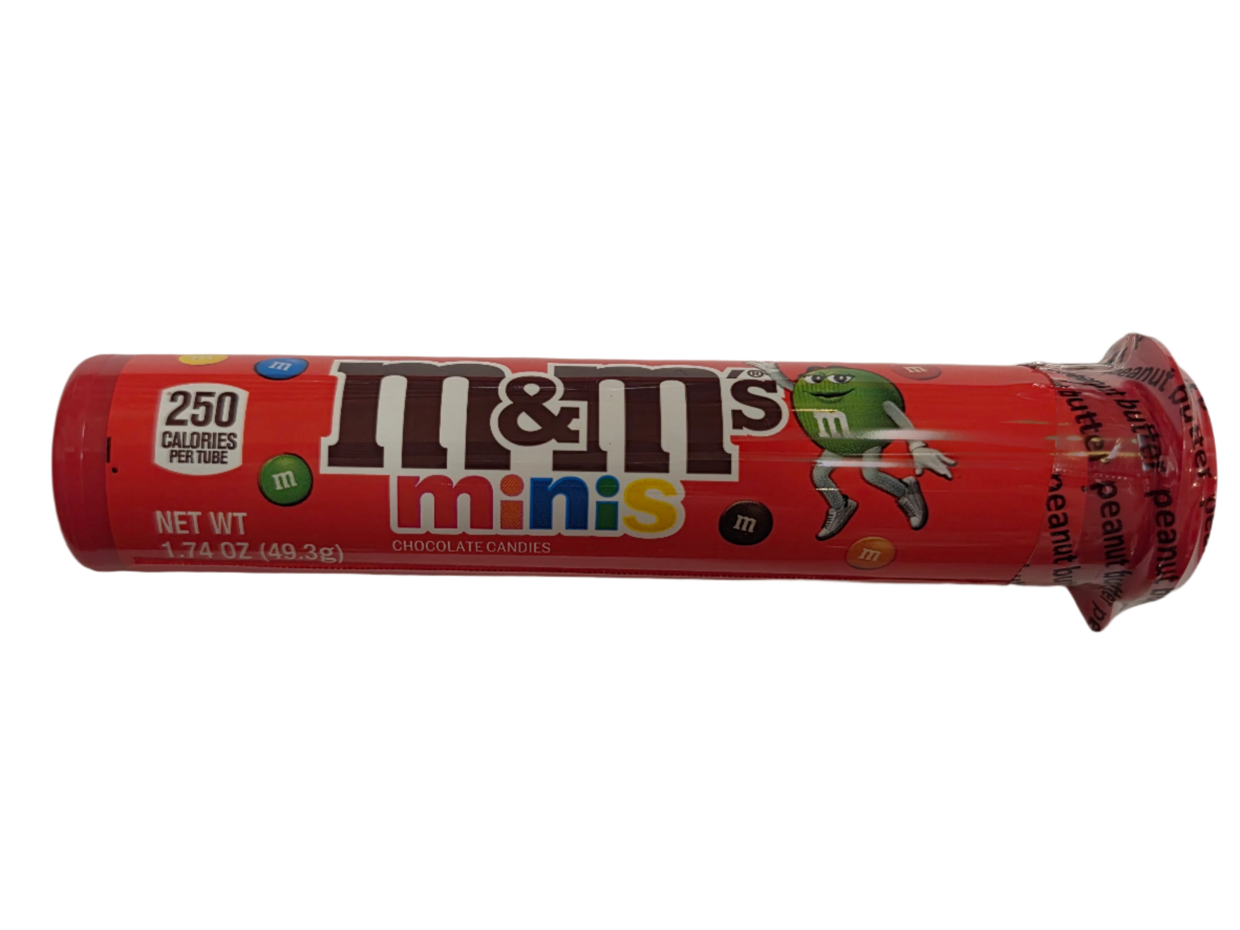 M&Ms Minis Peanut Butter tube with red cylinder, colorful branding, and green cartoon character