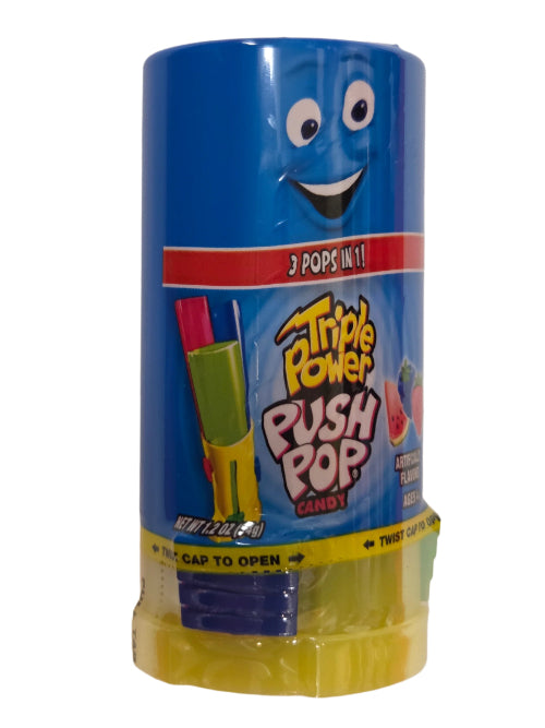 Blue Triple Power Push Pop candy container with smiling cartoon face