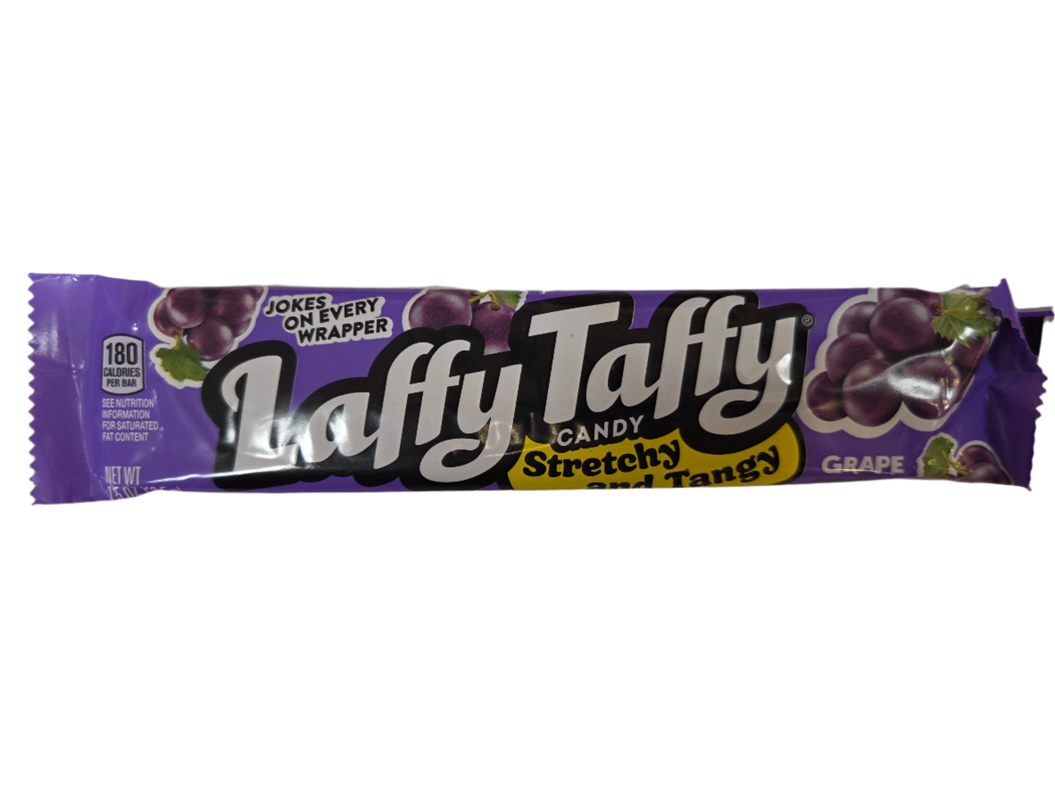 Purple and yellow wrapped Laffy Taffy grape candy bar