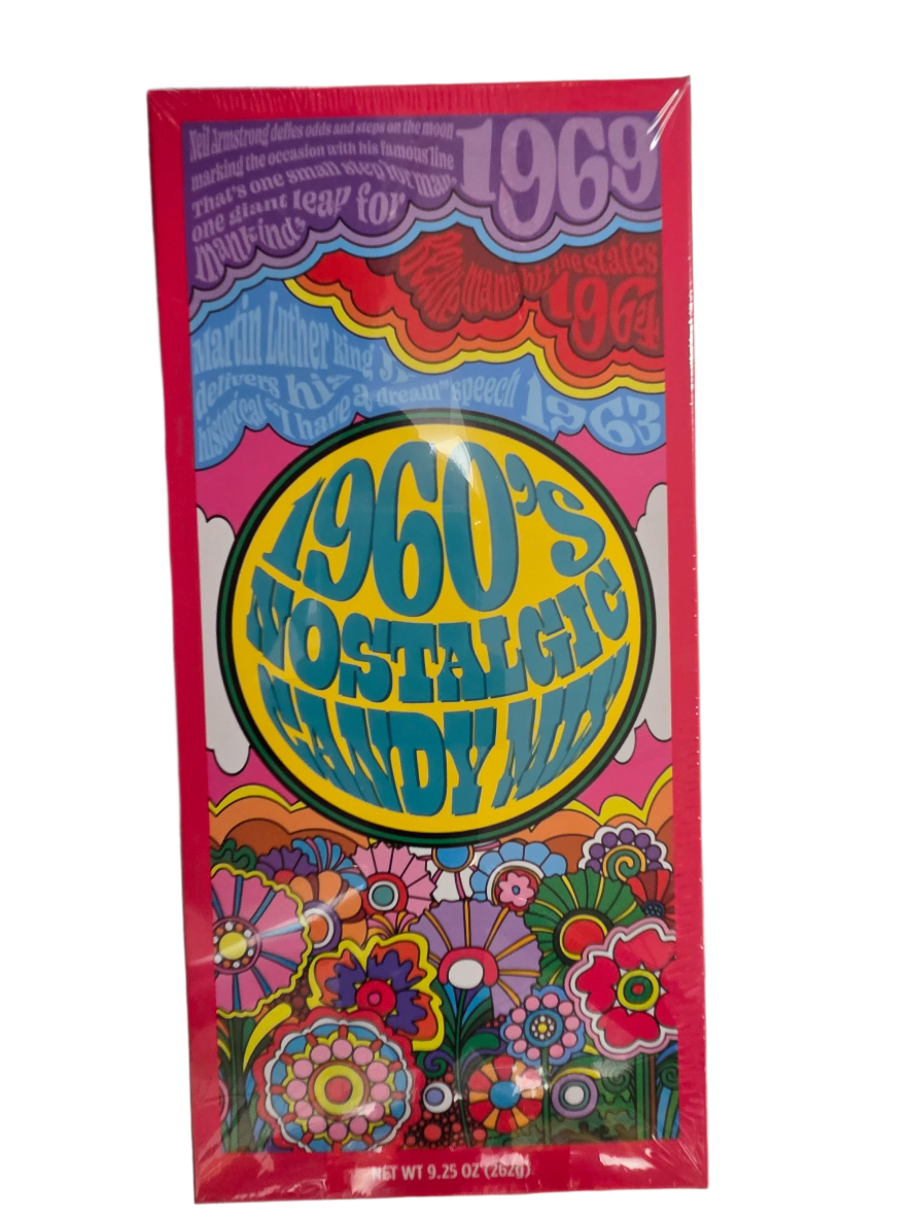 1960s nostalgic candy in vibrant pink yellow Decade Box with psychedelic florals