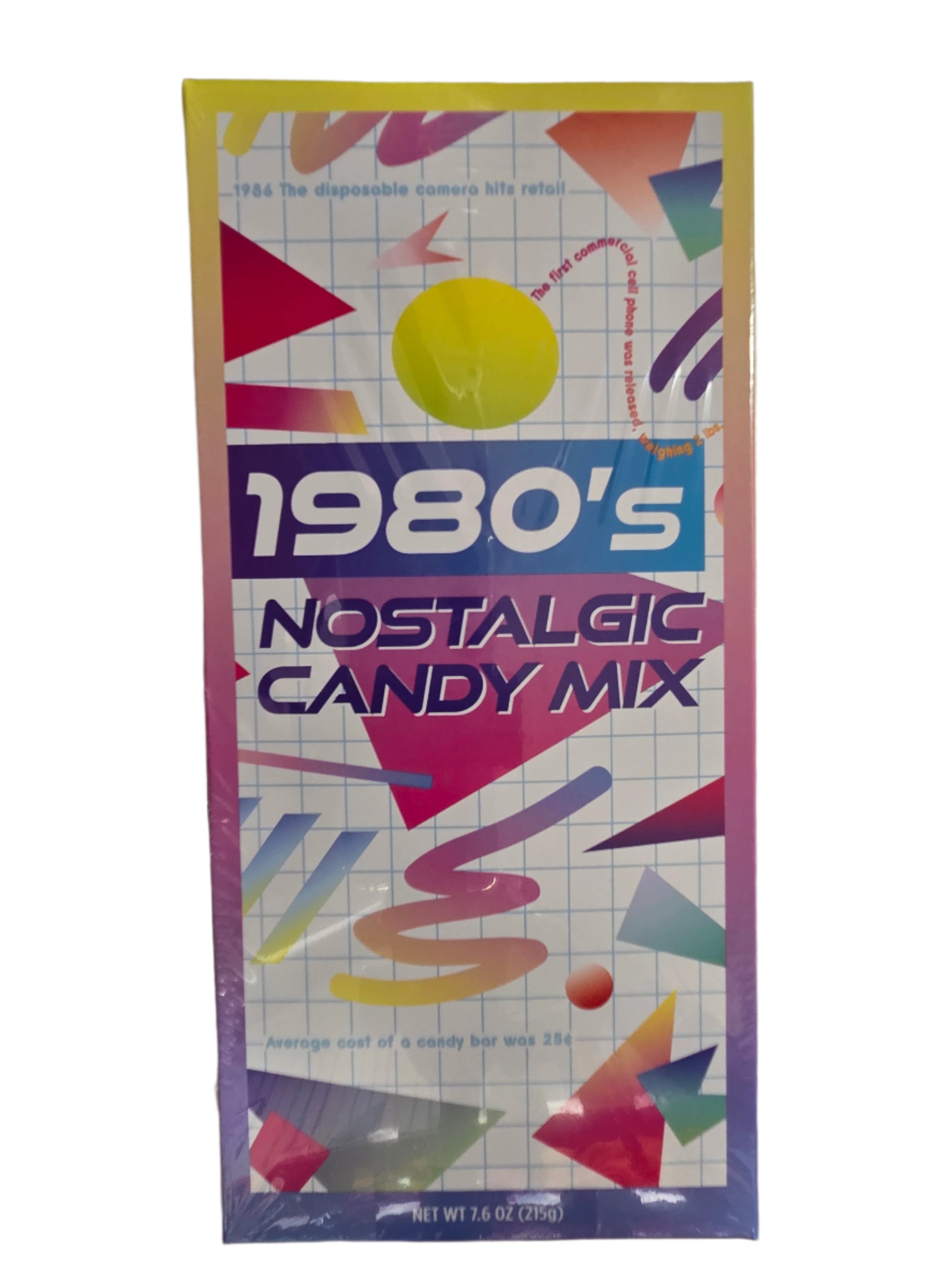 1980s nostalgic candy mix in vibrant retro geometric package