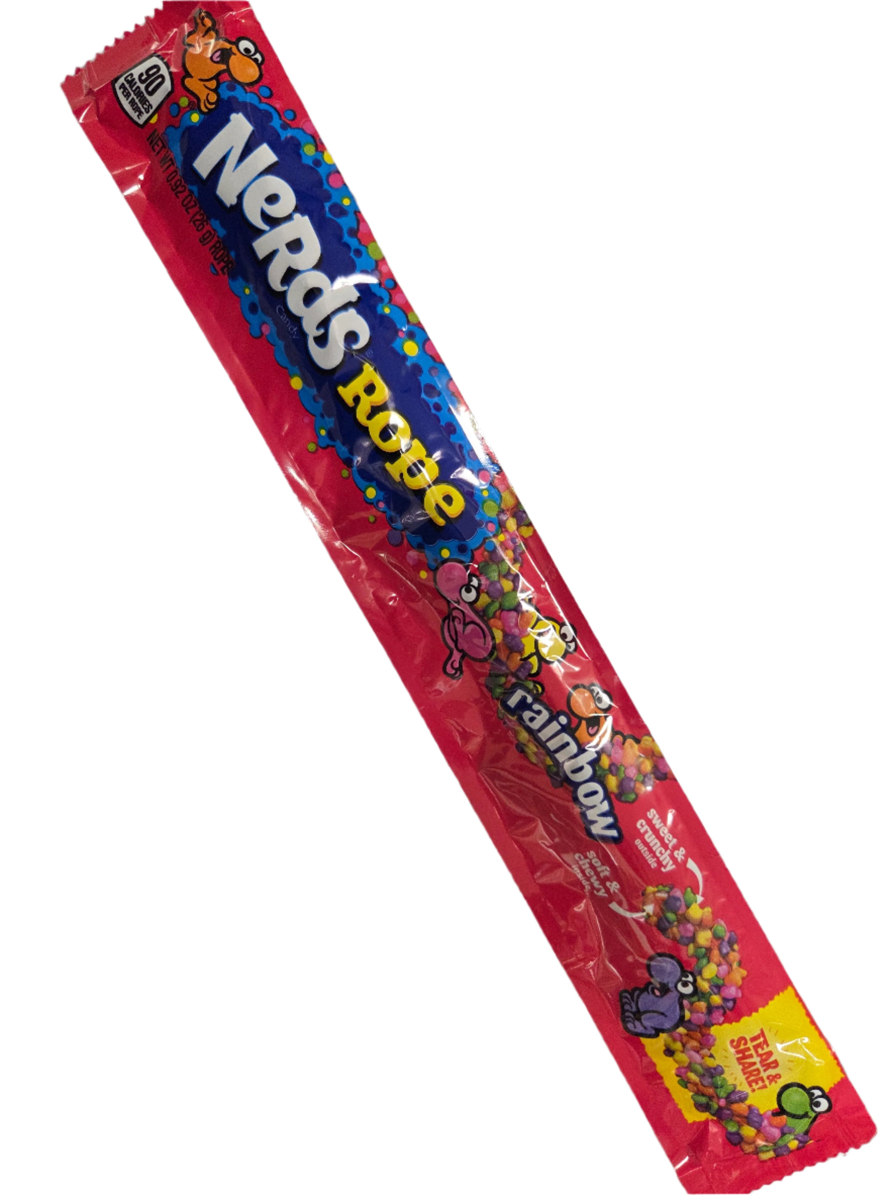 Vibrant Nerds Rainbow Rope candy stick with red, blue, and colorful gummy ropes