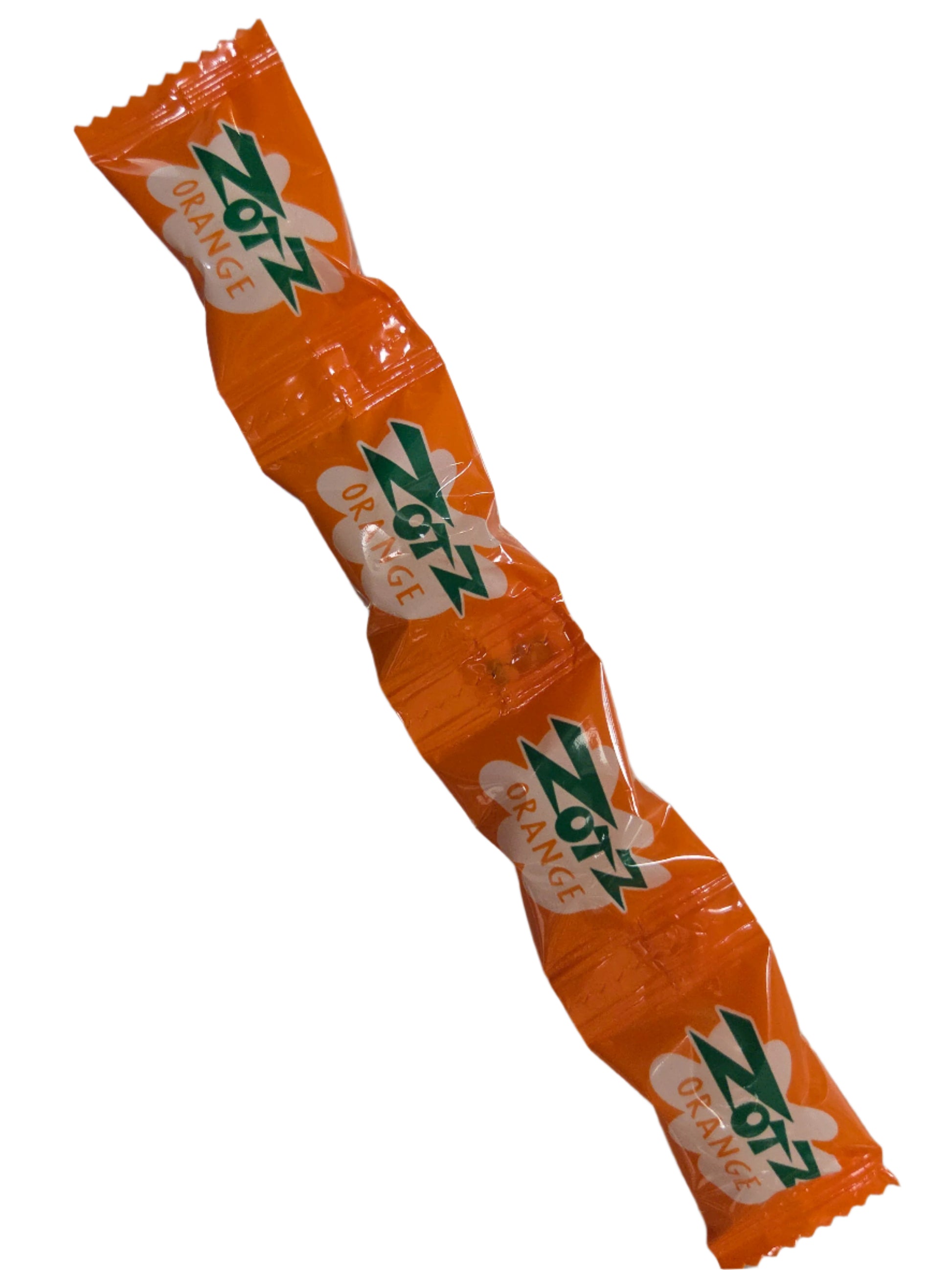 Zotz String Orange Sour Fizzing Candy in glossy orange wrapper