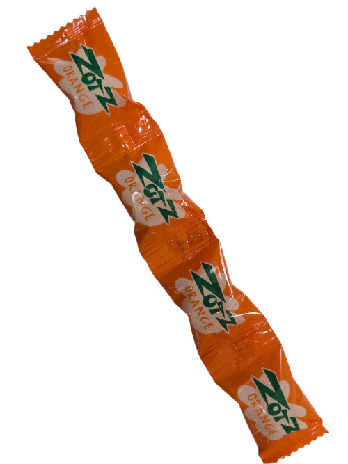 Zotz String Orange Sour Fizzing Candy in glossy orange wrapper