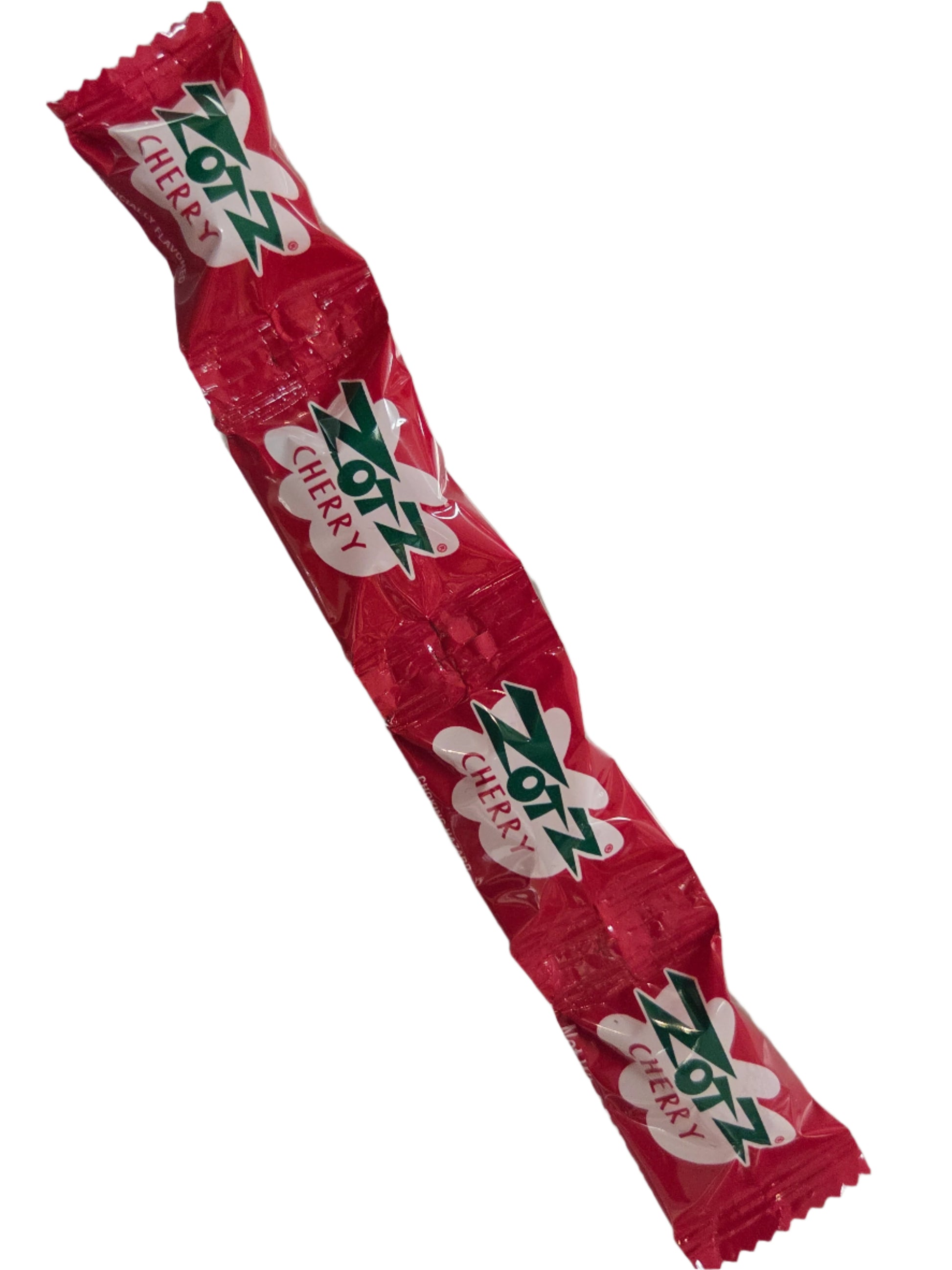 Red foil-wrapped Zotz cherry sour fizzing candy stick with green and white branding
