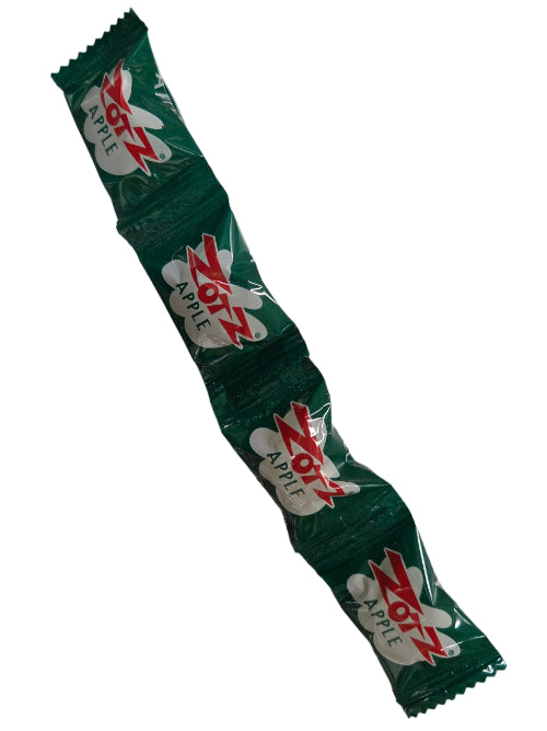 Green foil-wrapped Zotz String Apple Sour Fizzing Candy stick