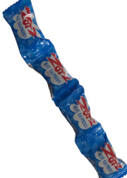Blue raspberry Zotz sour fizzing candy, individually wrapped in shiny blue foil