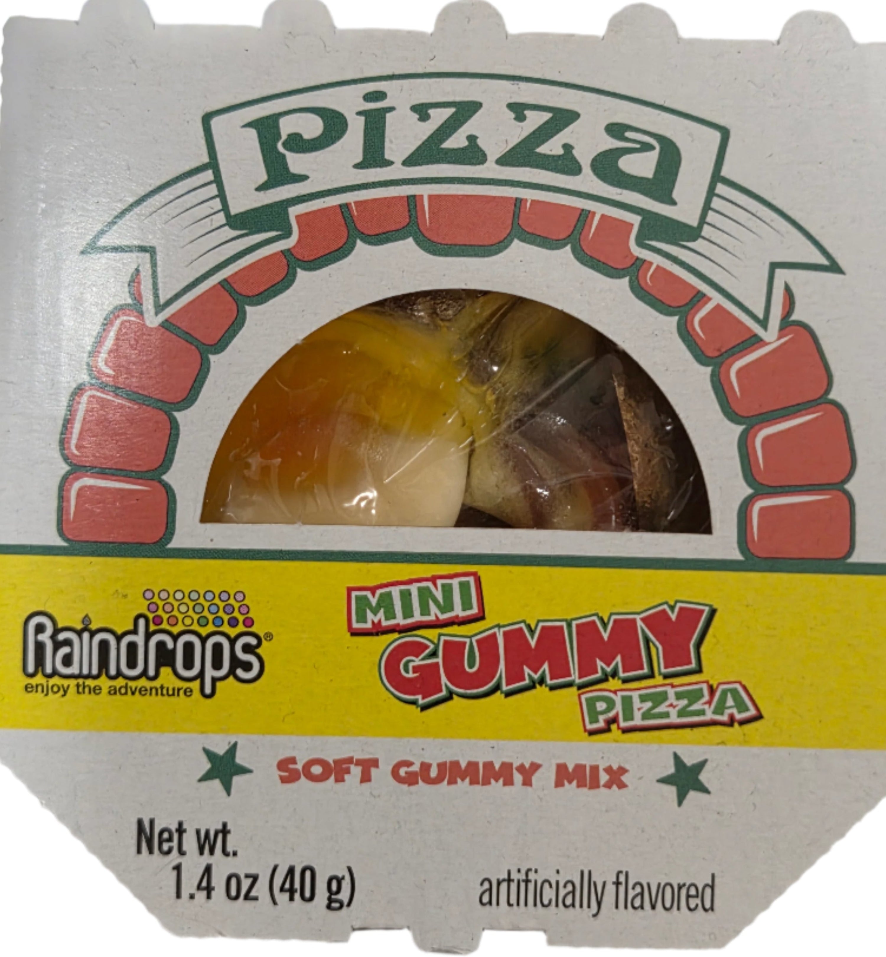 Mini Gummy Pizza: Raindrops in white box with red green accents